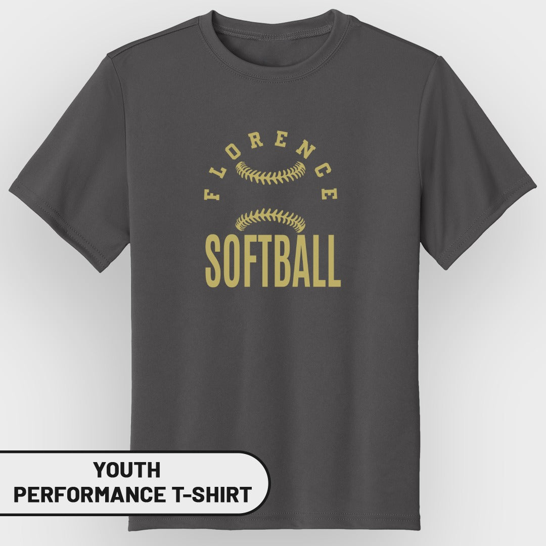 Dark gray youth performance t-shirt with "FLORENCE SOFTBALL" and softball graphics.