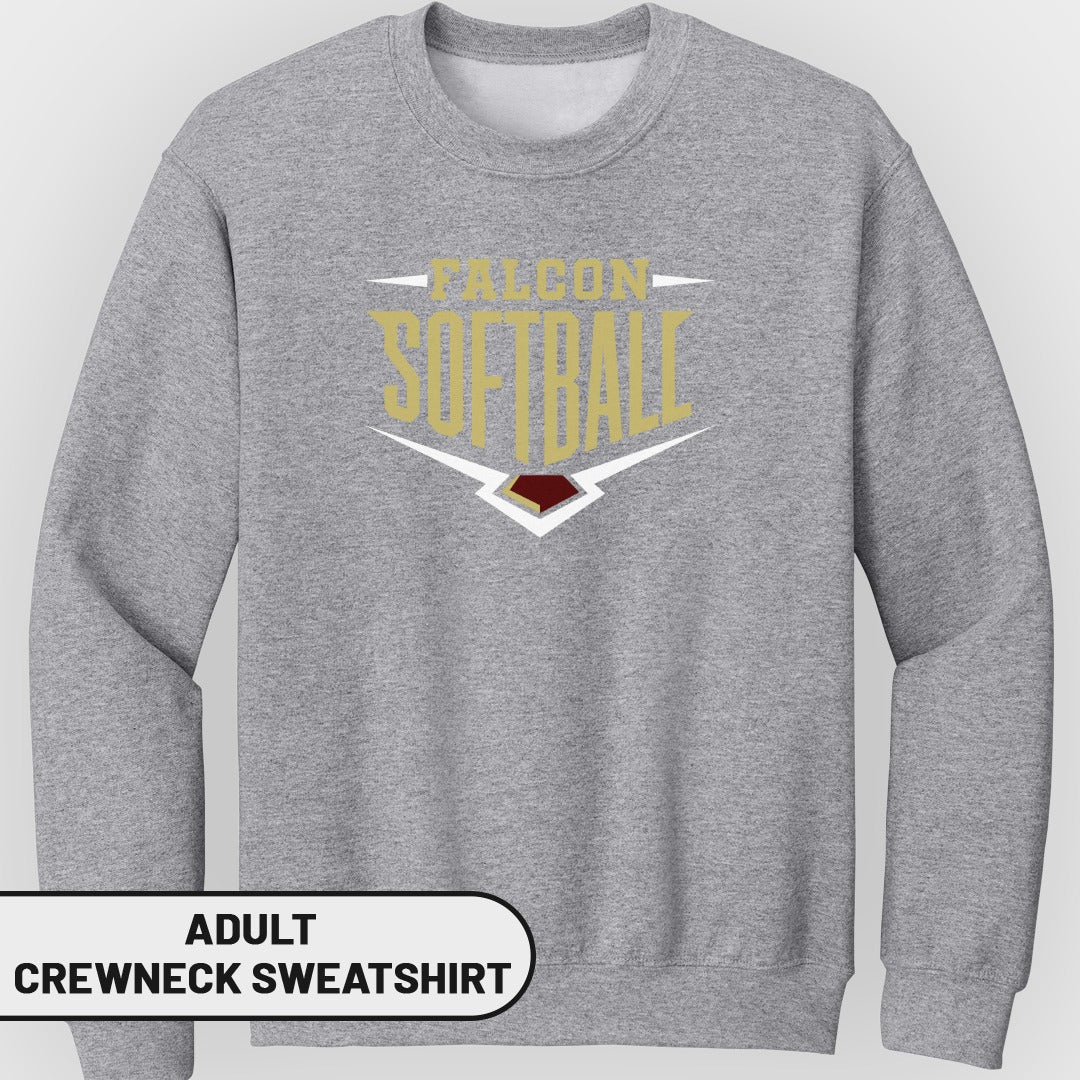 Grey adult crewneck sweatshirt with "FALCON SOFTBALL" graphic in gold and maroon.