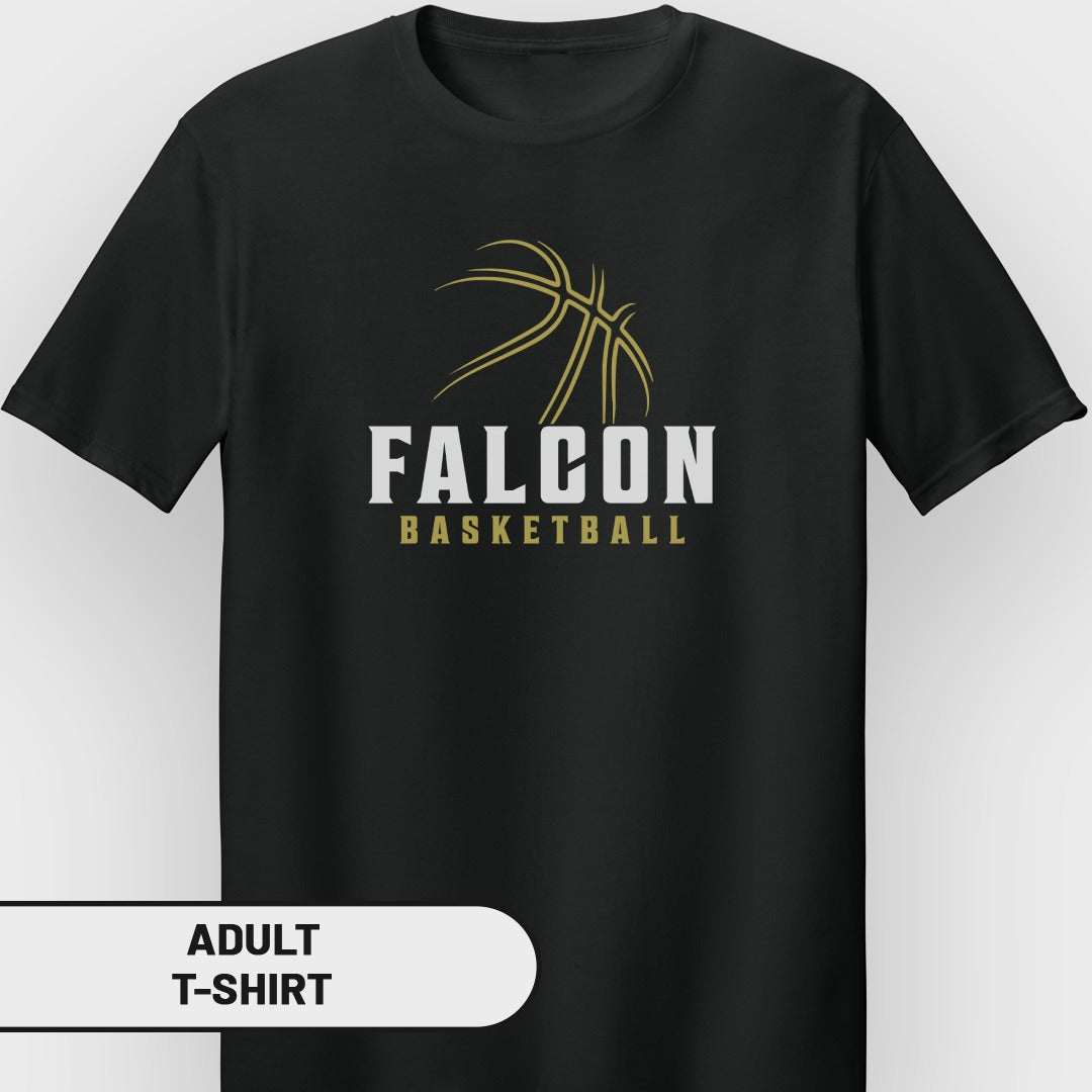 Black adult t-shirt with "FALCON BASKETBALL" and basketball graphic.