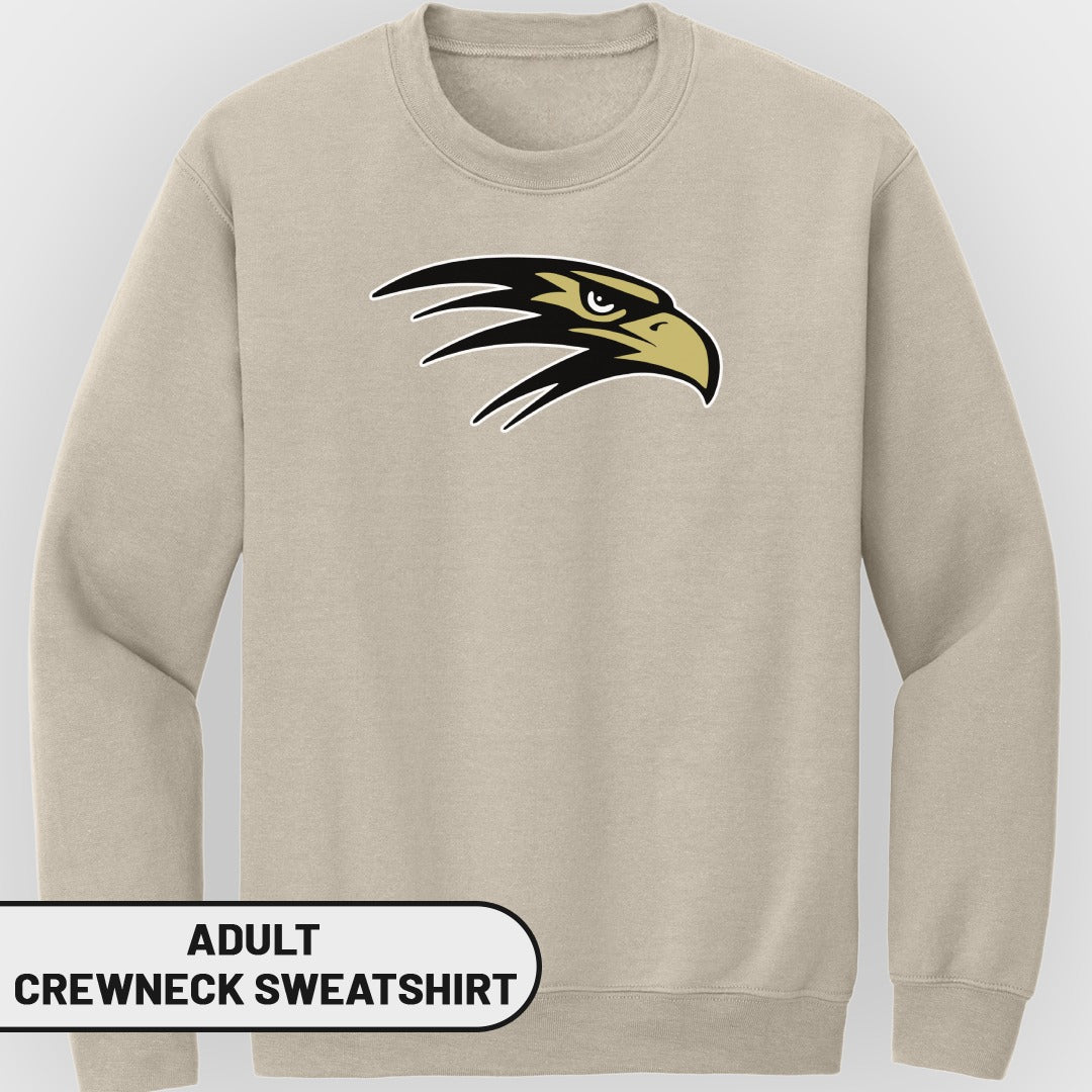 Adult tan crewneck sweatshirt with black and gold eagle logo and text.