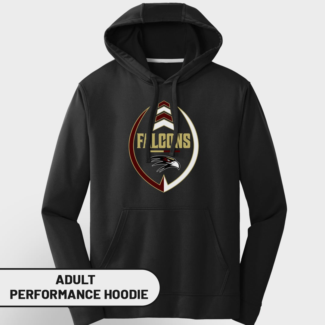 Black adult performance hoodie with "FALCONS" logo and eagle head graphic.