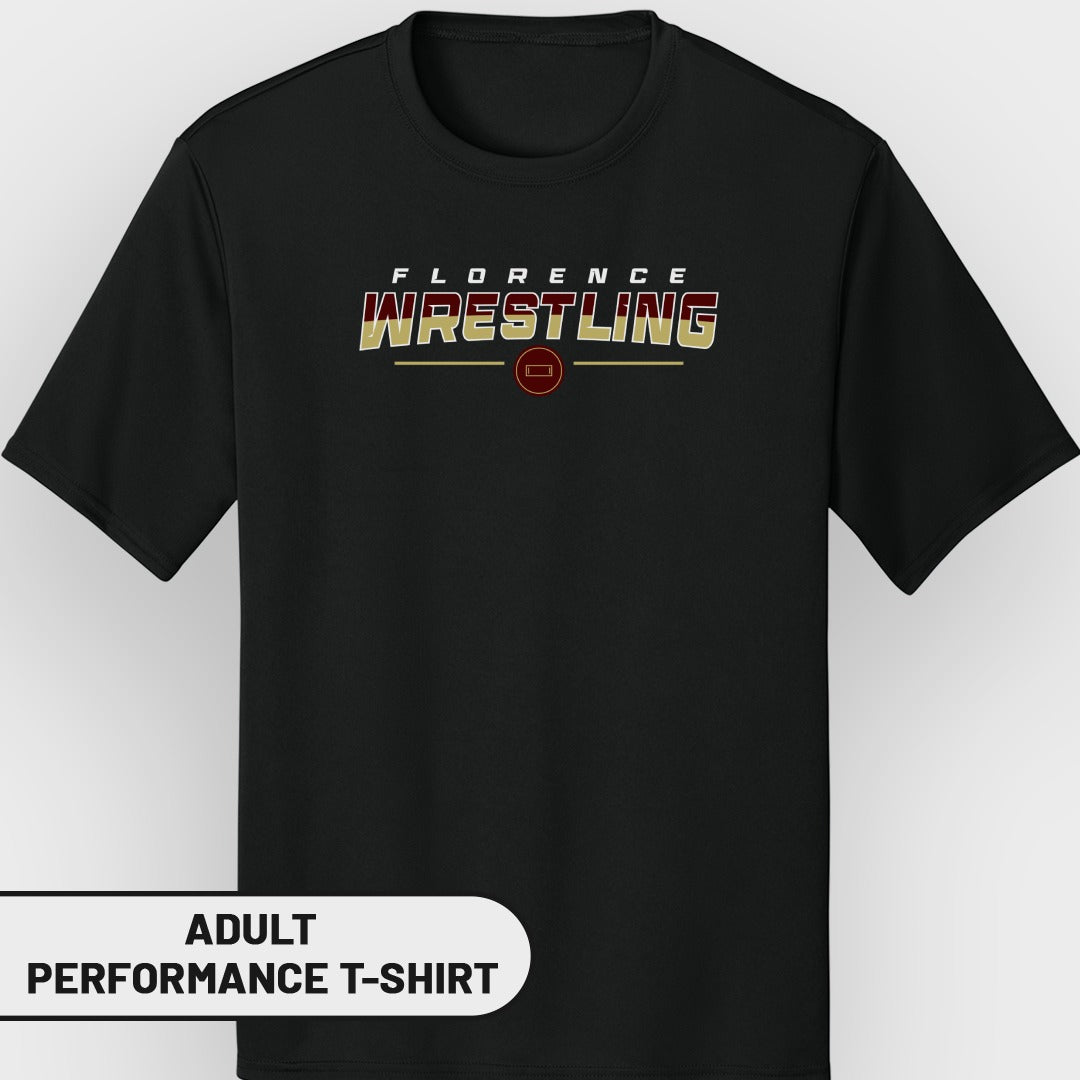 Black adult performance t-shirt with "Florence Wrestling" text.