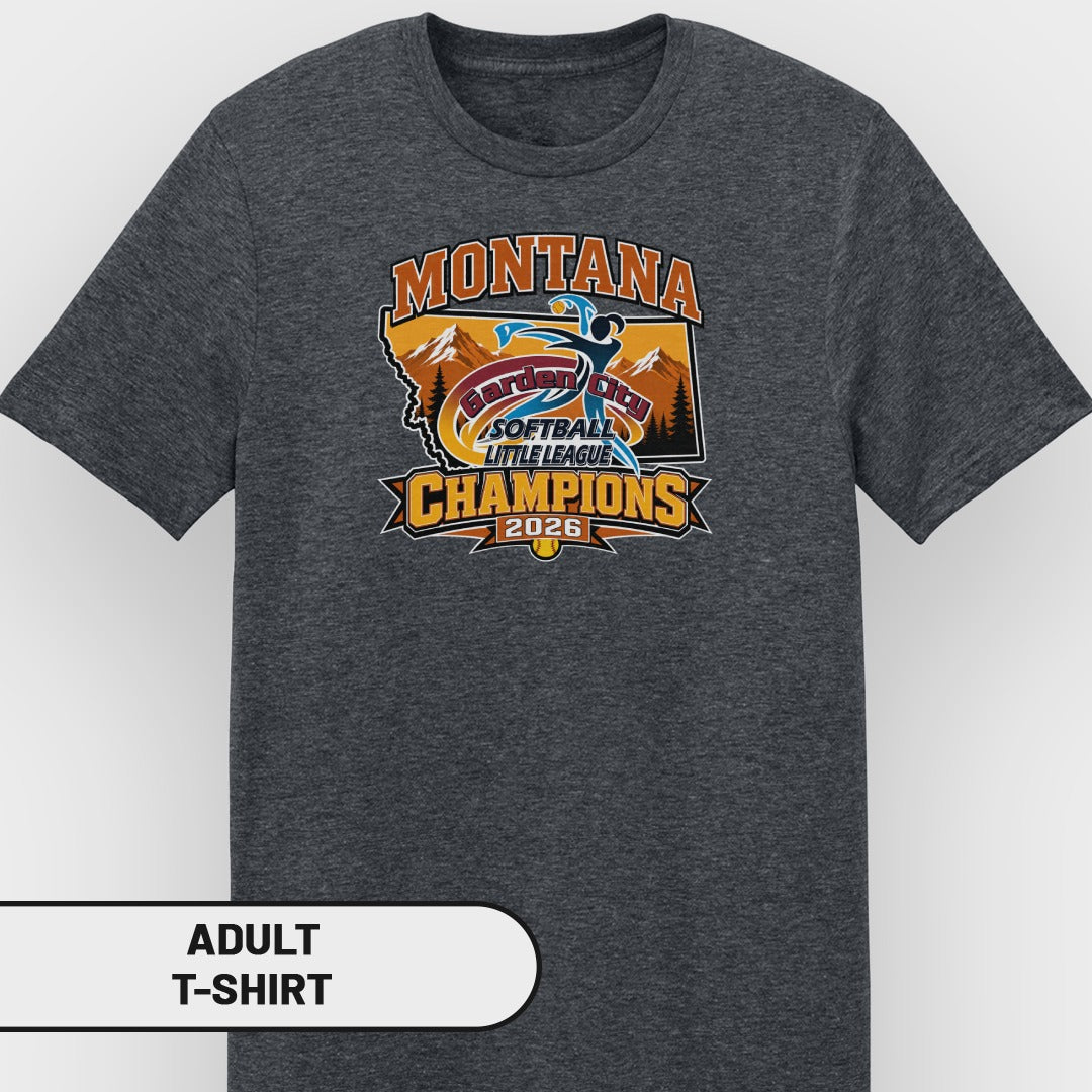 Montana Garden City Softball Little League Champions 2026 adult t-shirt graphic.