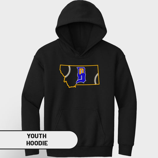 Black youth hoodie with blue "B" and yellow baseball stitch outline.