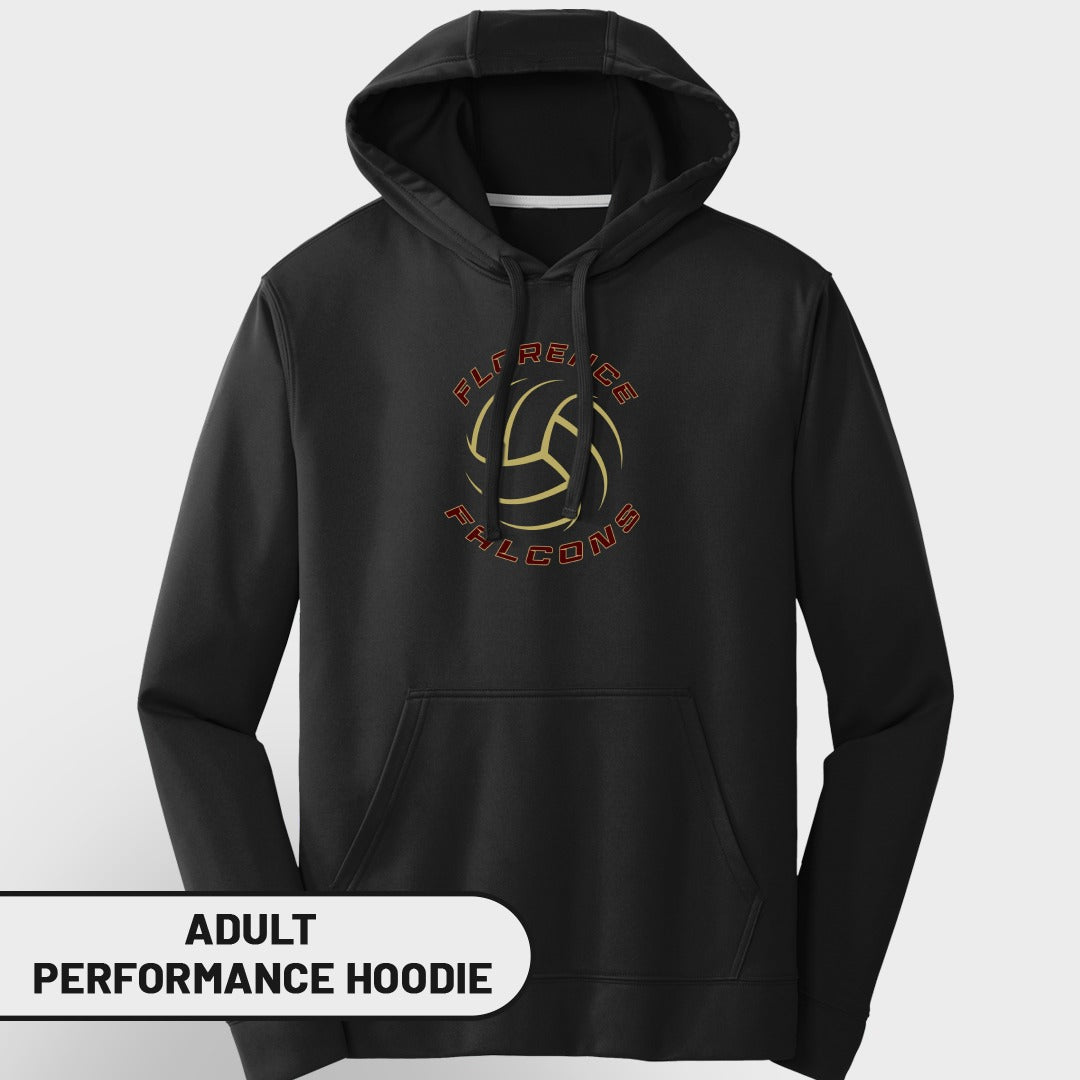 Black adult performance hoodie with Florence Falcons volleyball logo.