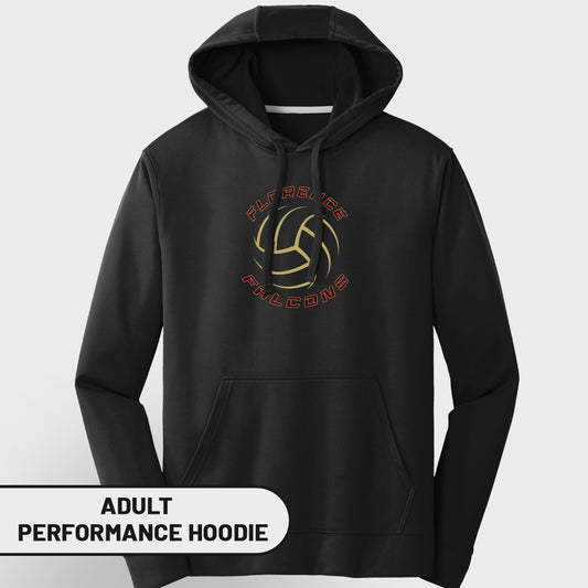 Black adult performance hoodie with Florence Falcons volleyball logo.
