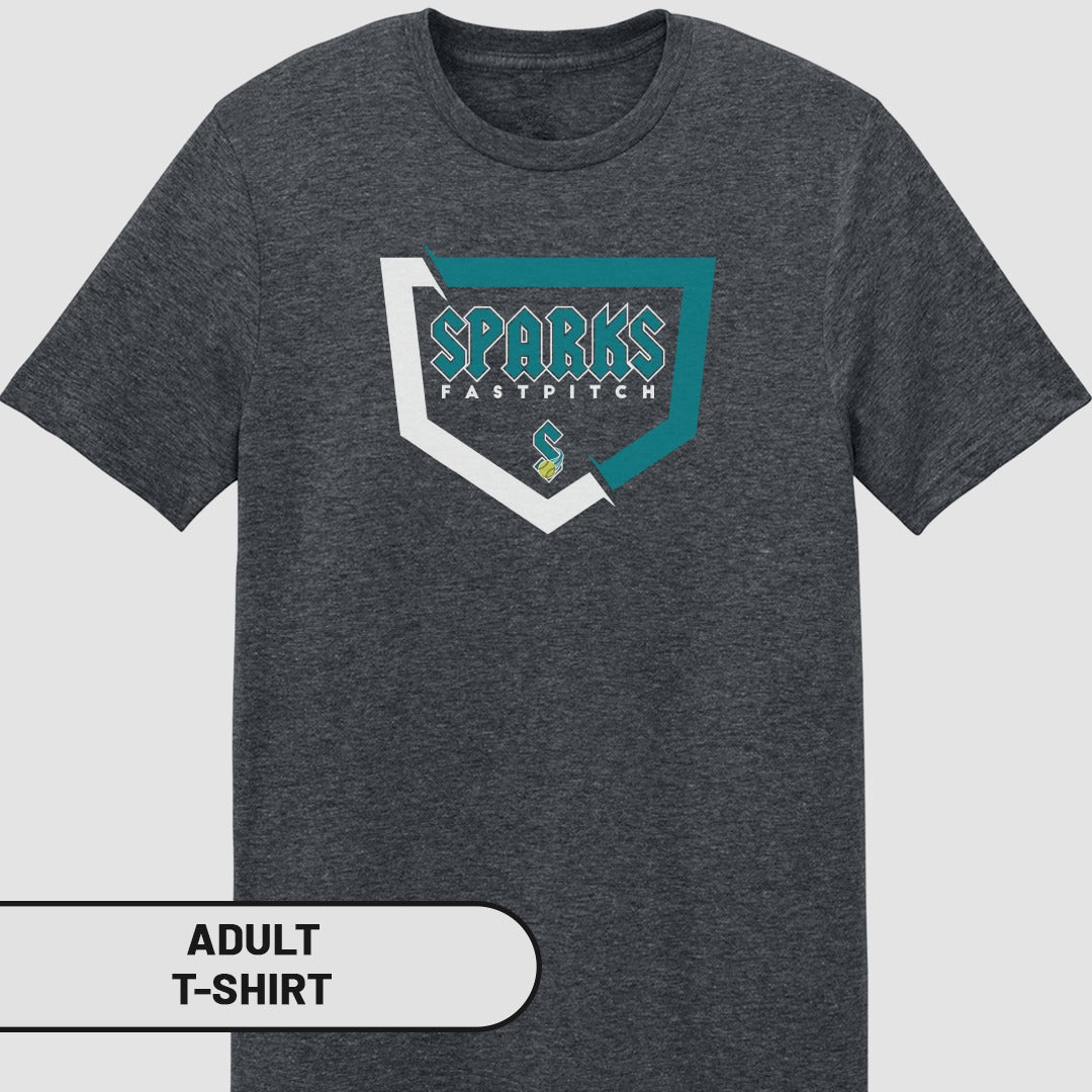 Adult t-shirt featuring the Sparks Fastpitch logo.