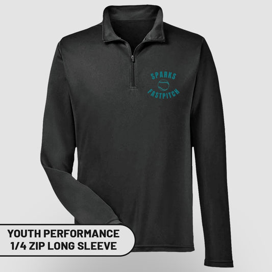 Black youth performance 1/4 zip long sleeve shirt with Sparks Fastpitch logo.