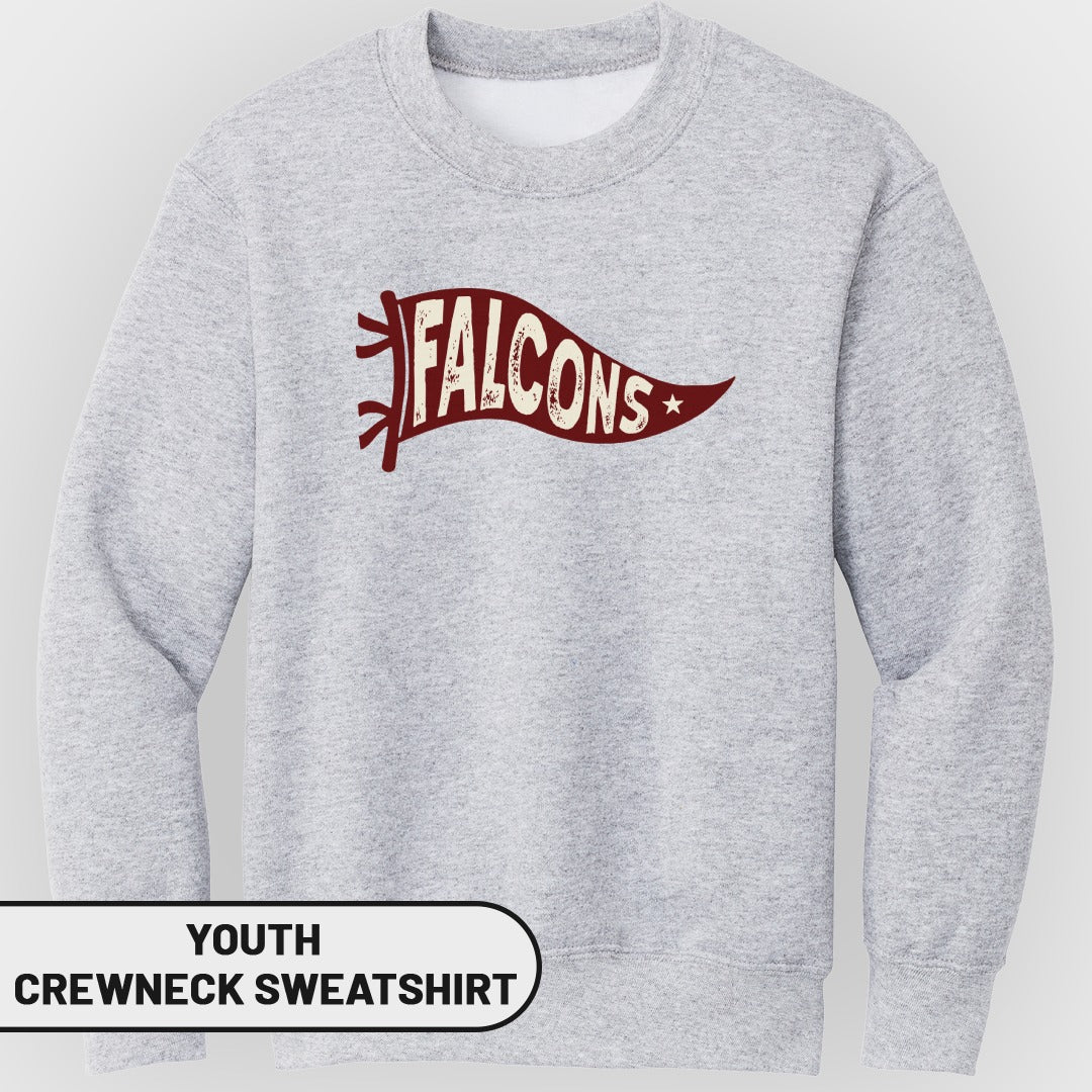 Grey youth crewneck sweatshirt with a maroon "Falcons" banner graphic.