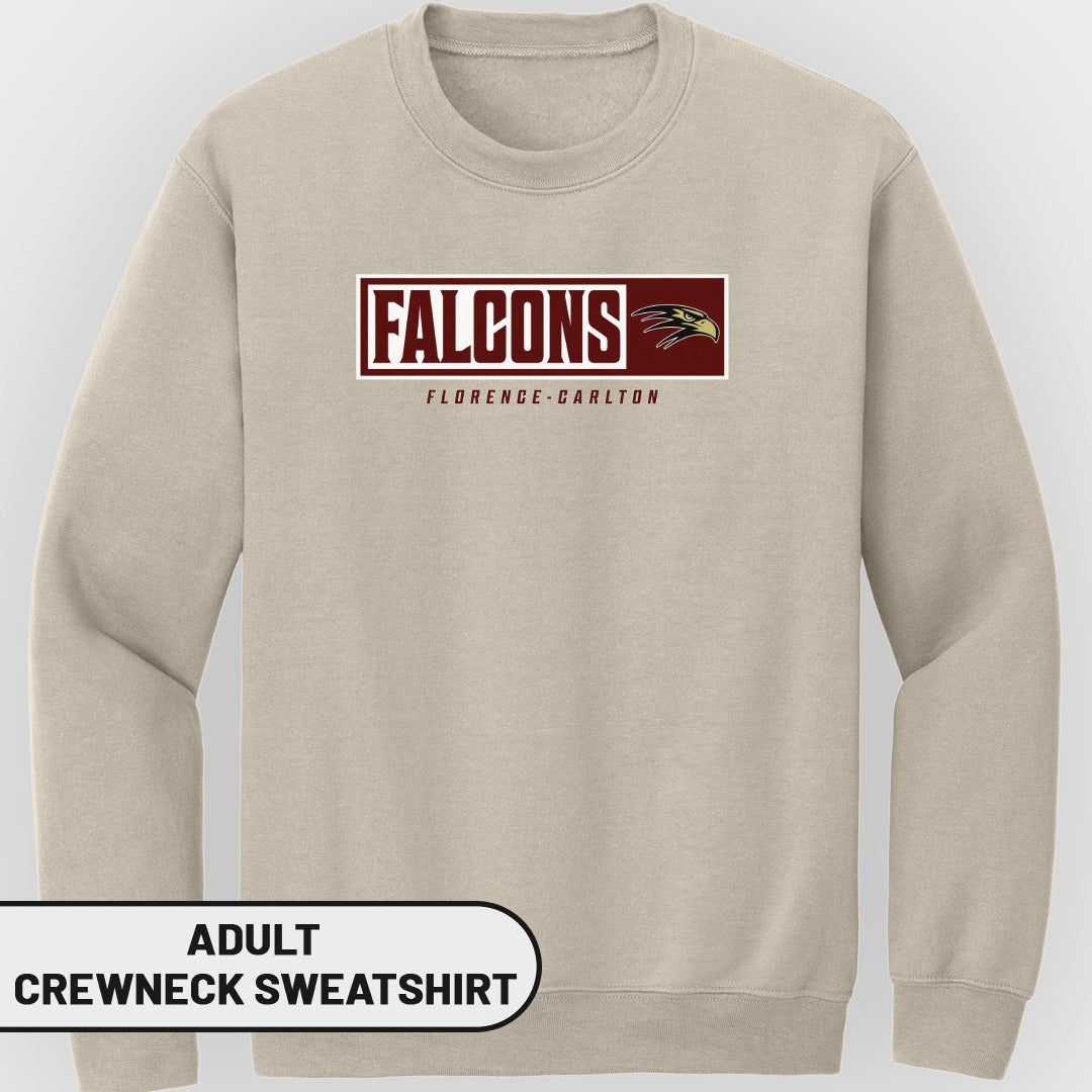 Adult tan crewneck sweatshirt with "FALCONS" and "FLORENCE-CARLTON" text.
