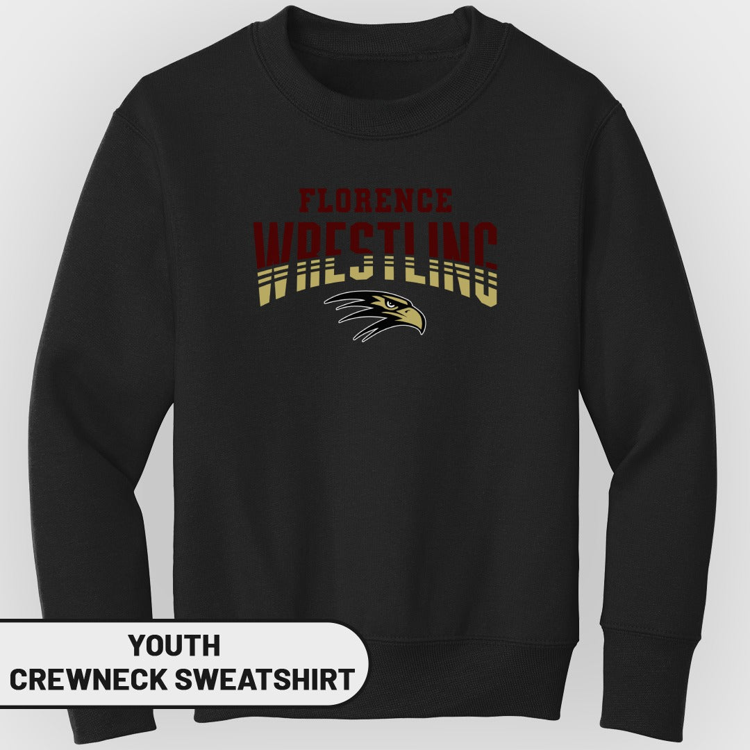 Youth crewneck sweatshirt with "Florence Wrestling" and eagle graphic.