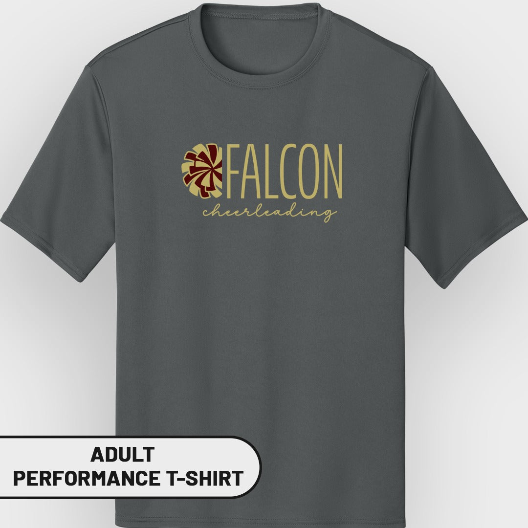 Gray adult performance t-shirt with "FALCON cheerleading" in gold text.