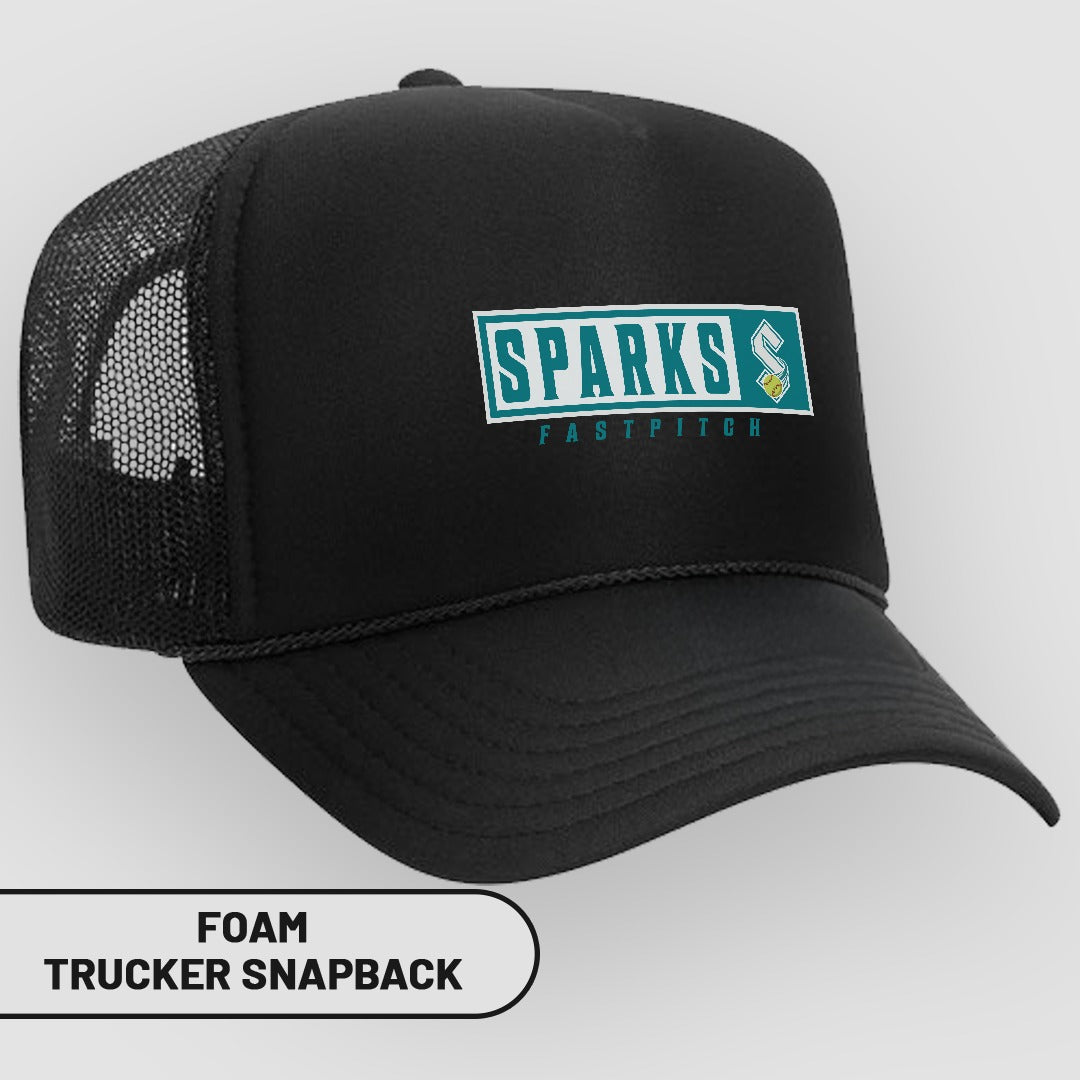 Black foam trucker snapback hat with "SPARKS FASTPITCH" logo.