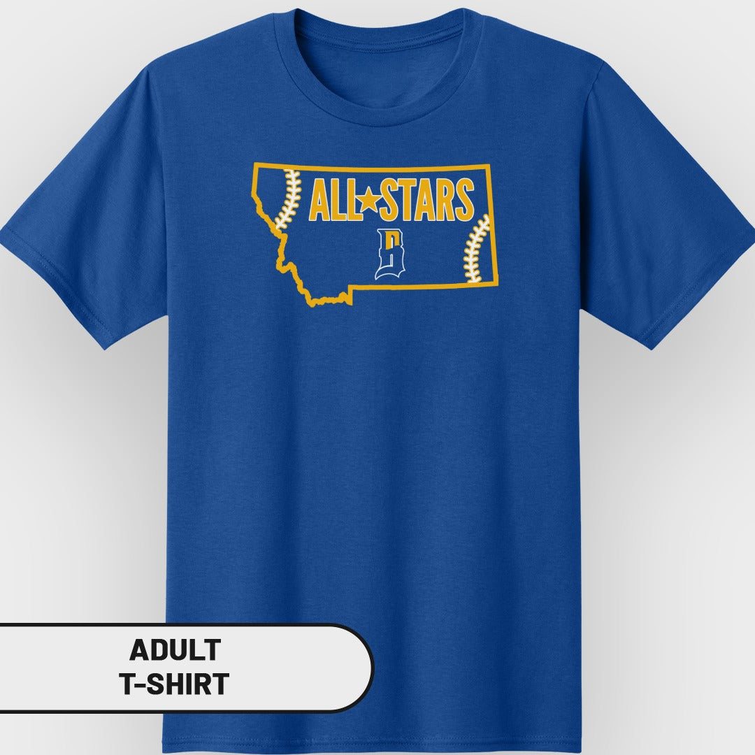 Blue t-shirt with "ALL STARS" and Montana outline graphic.