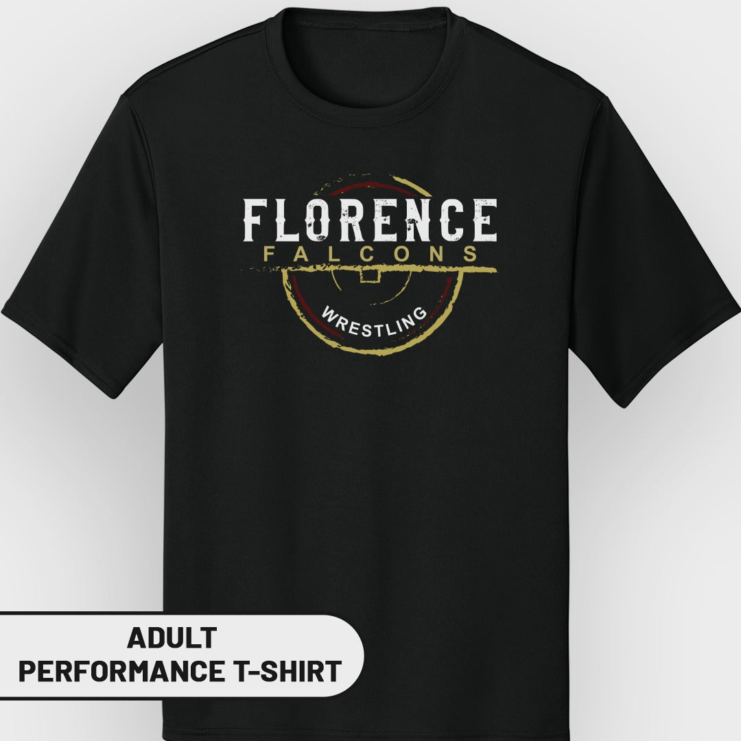 Black adult performance t-shirt with Florence Falcons wrestling logo.