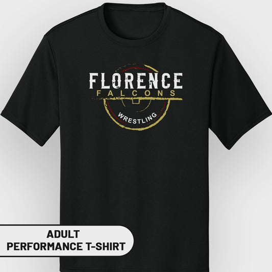 Black adult performance t-shirt with Florence Falcons wrestling logo.