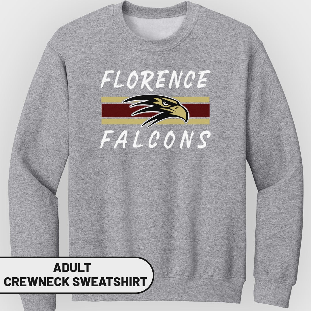 Grey adult crewneck sweatshirt with "Florence Falcons" and eagle logo.