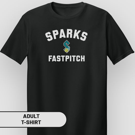 Black t-shirt with white "SPARKS FASTPITCH" text and a teal S logo.
