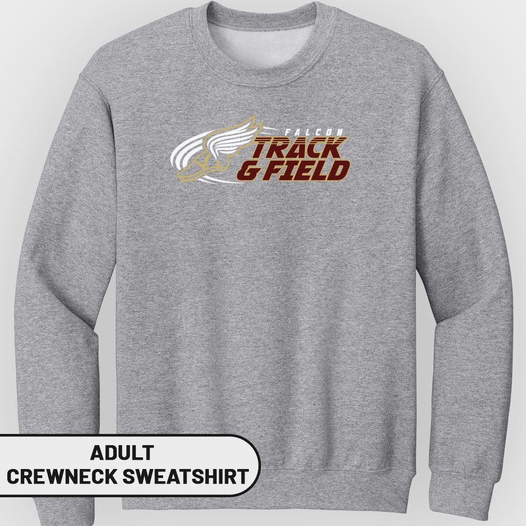 Grey adult crewneck sweatshirt with Falcon Track and Field logo.
