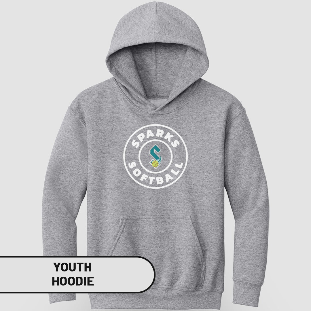 Grey youth hoodie with "Sparks Softball" logo on chest.