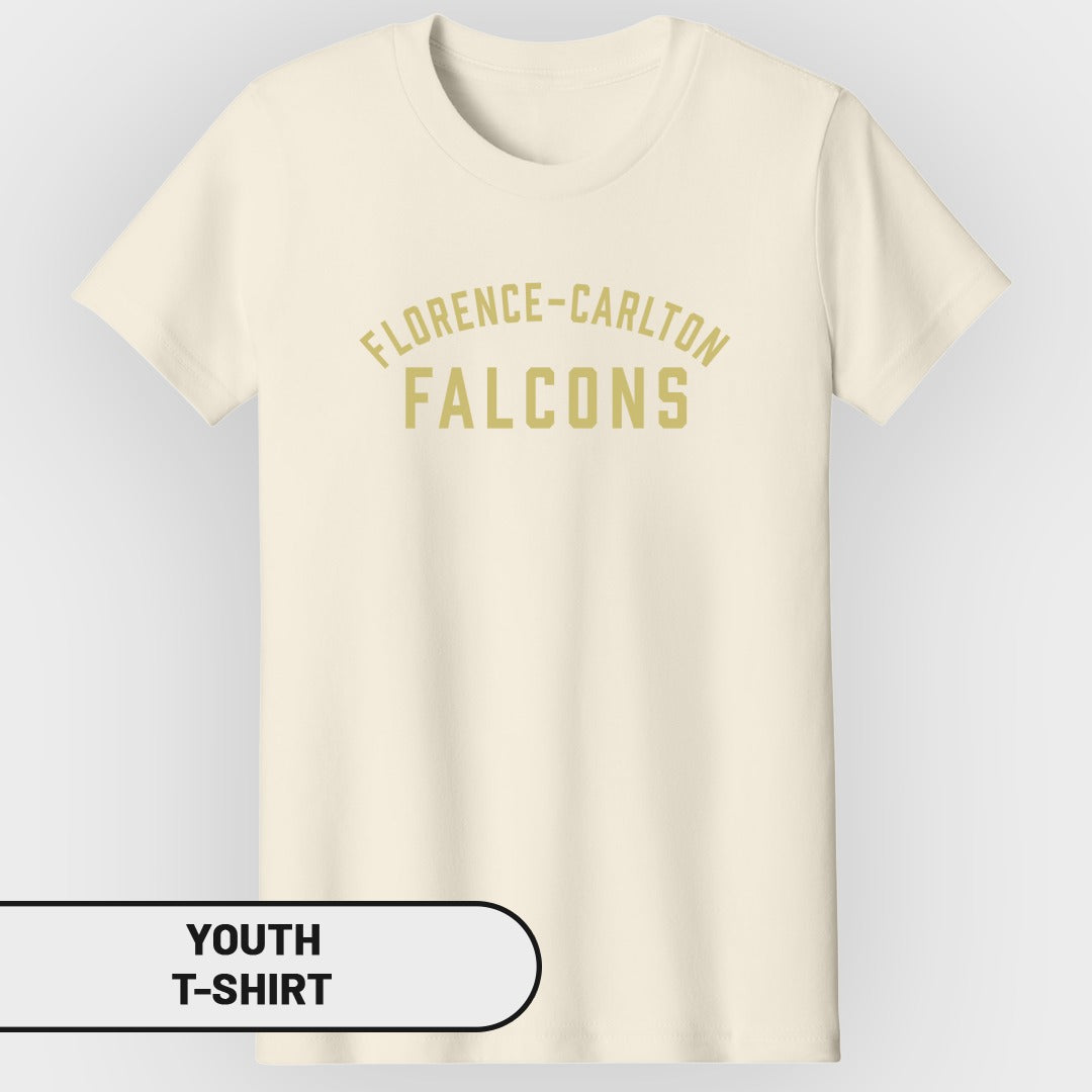 Cream youth t-shirt with "Florence-Carlton Falcons" text.