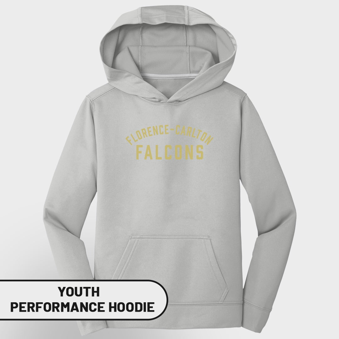 Youth grey performance hoodie with Florence-Carlton Falcons text.