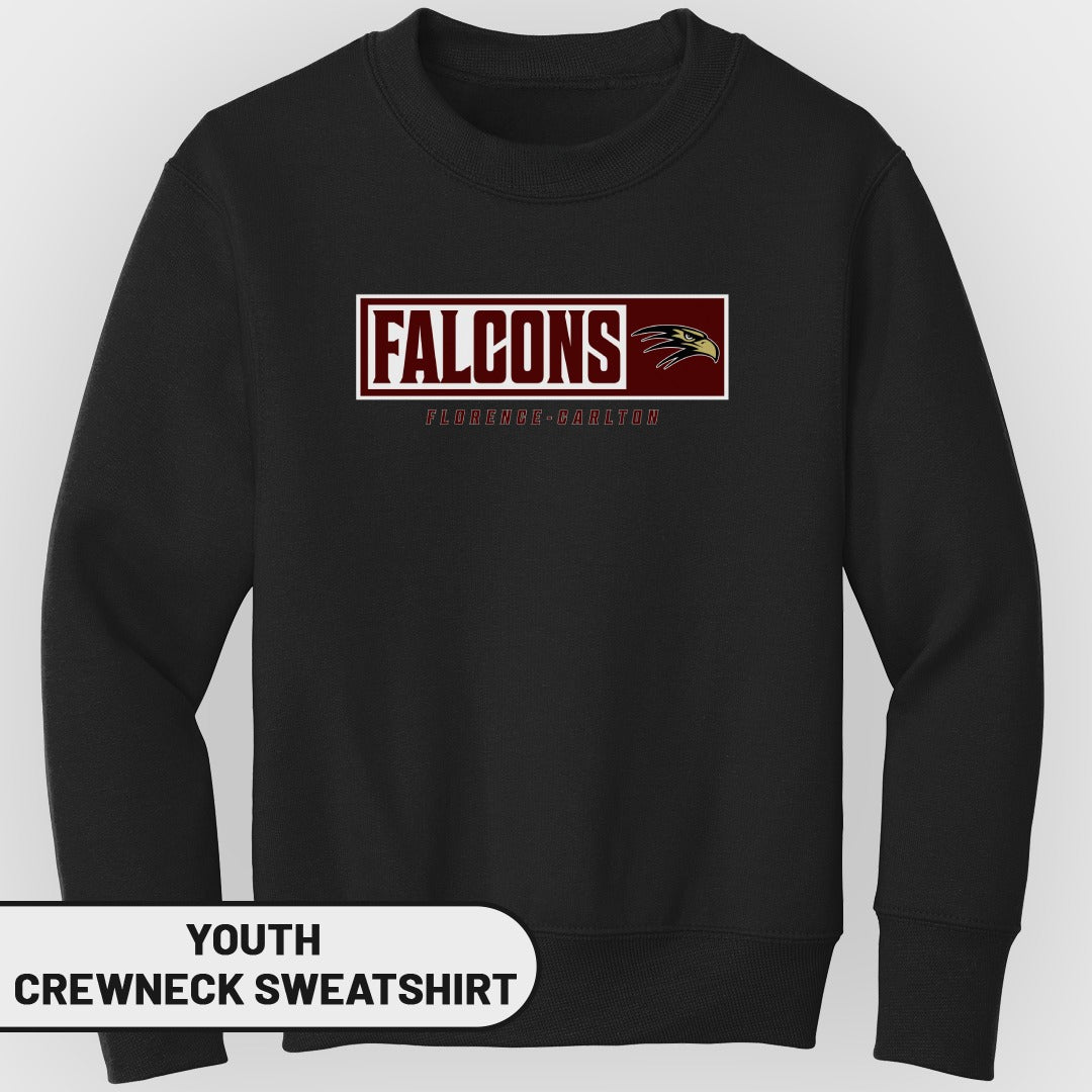 Black youth crewneck sweatshirt with "FALCONS" logo and "FLORENCE-CARLTON" text.