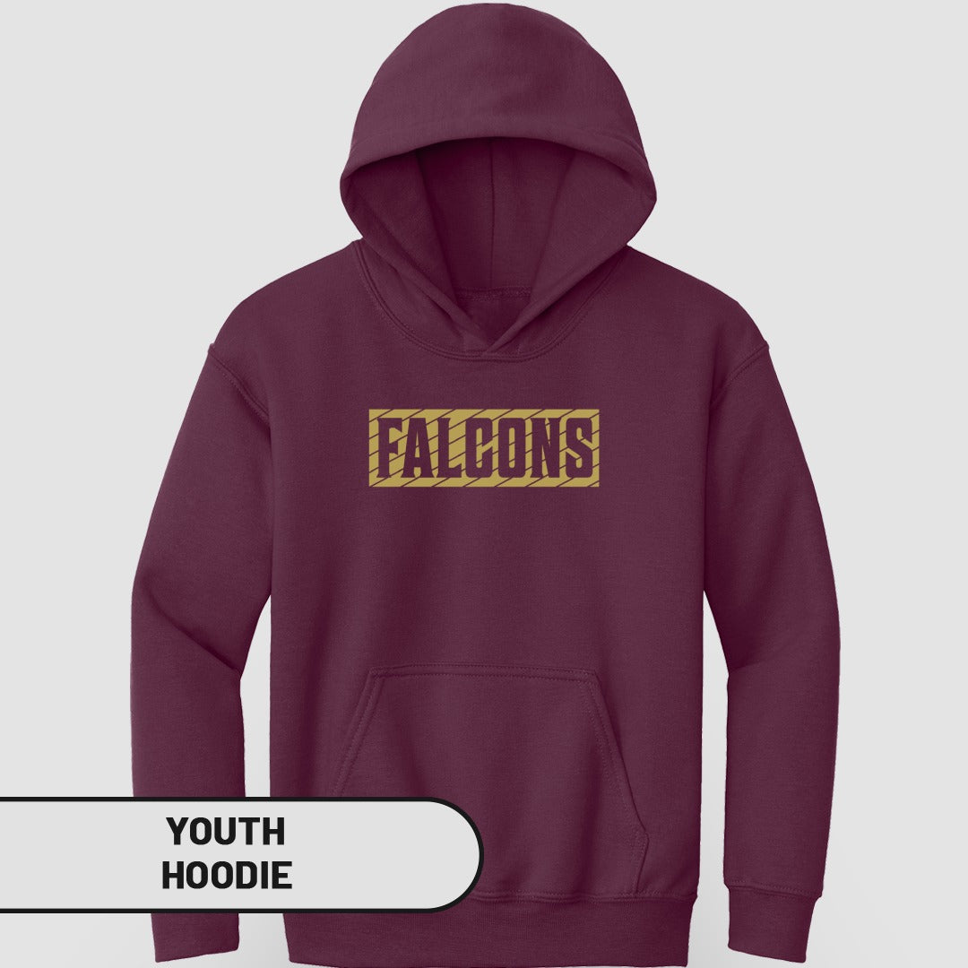 Maroon Falcons Youth Hoodie with Bold Graphic Design
