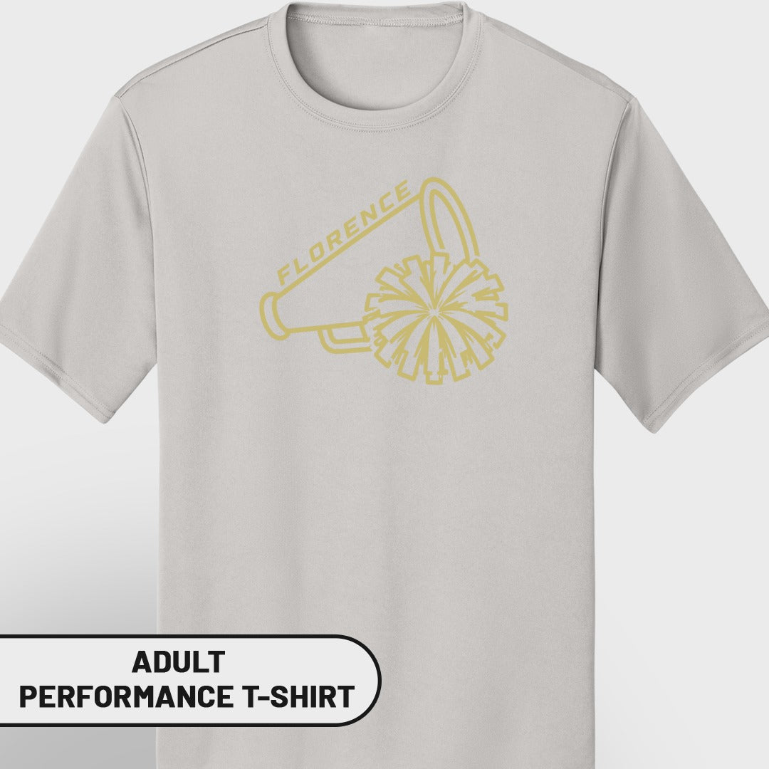 Light grey adult performance t-shirt with "FLORENCE" and a megaphone with pom-pom graphic.