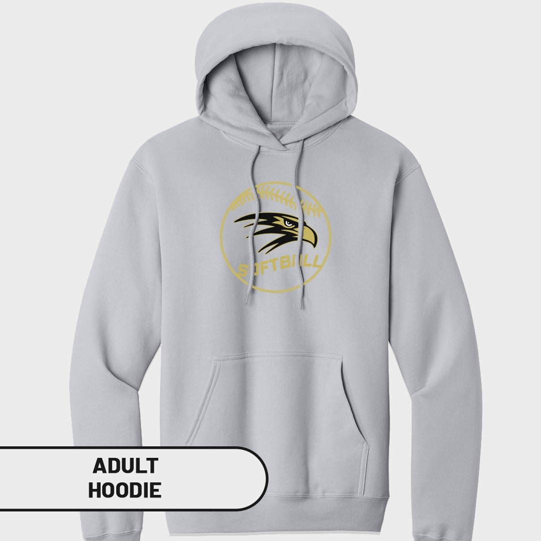 Light grey adult hoodie with a softball graphic and eagle head logo.