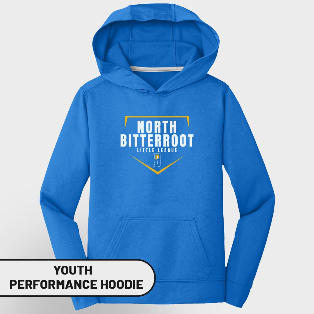 Blue youth performance hoodie with North Bitterroot Little League logo on front.