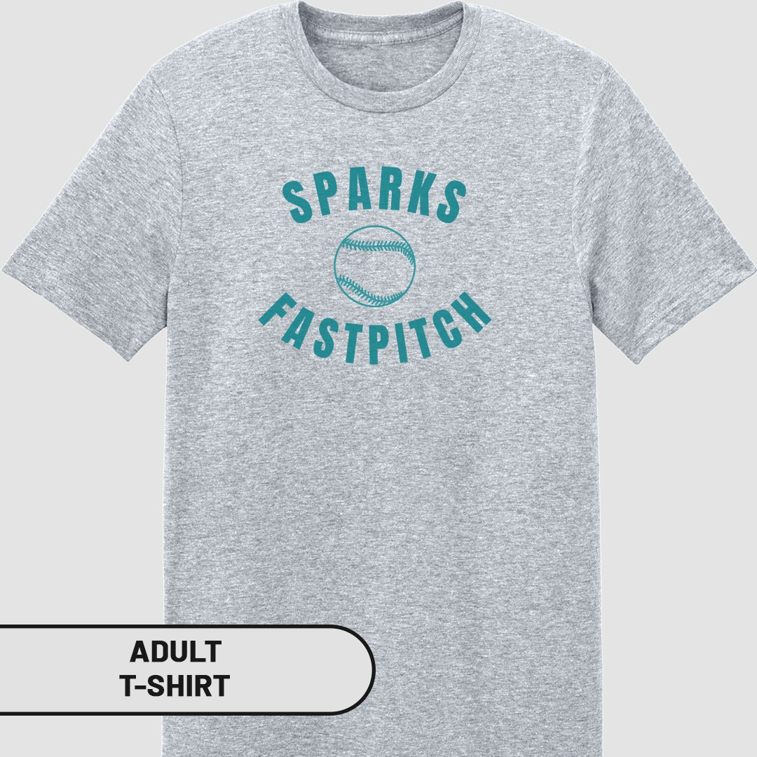 Gray adult t-shirt with "SPARKS FASTPITCH" and a baseball graphic.