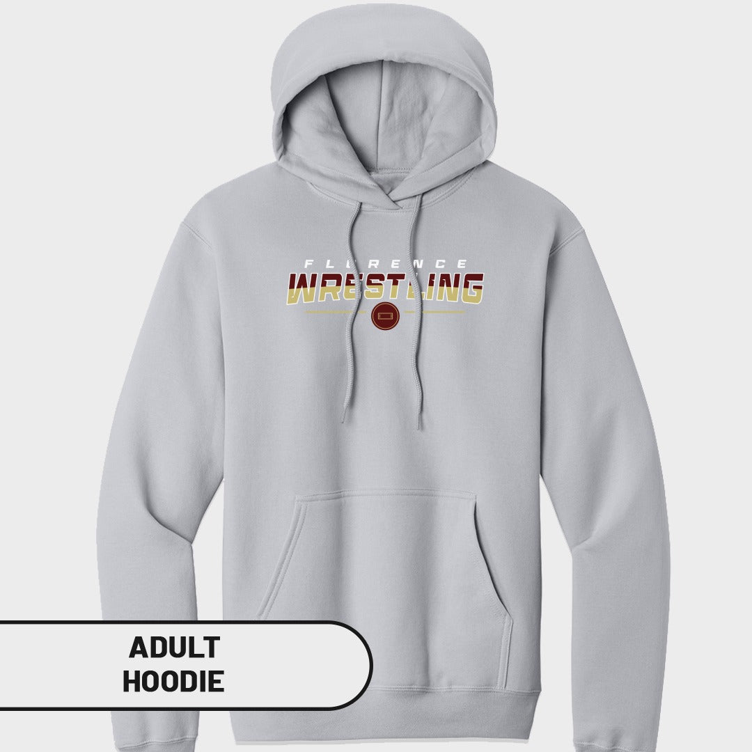 Light grey adult hoodie with "Florence Wrestling" text and a wrestling circle logo.