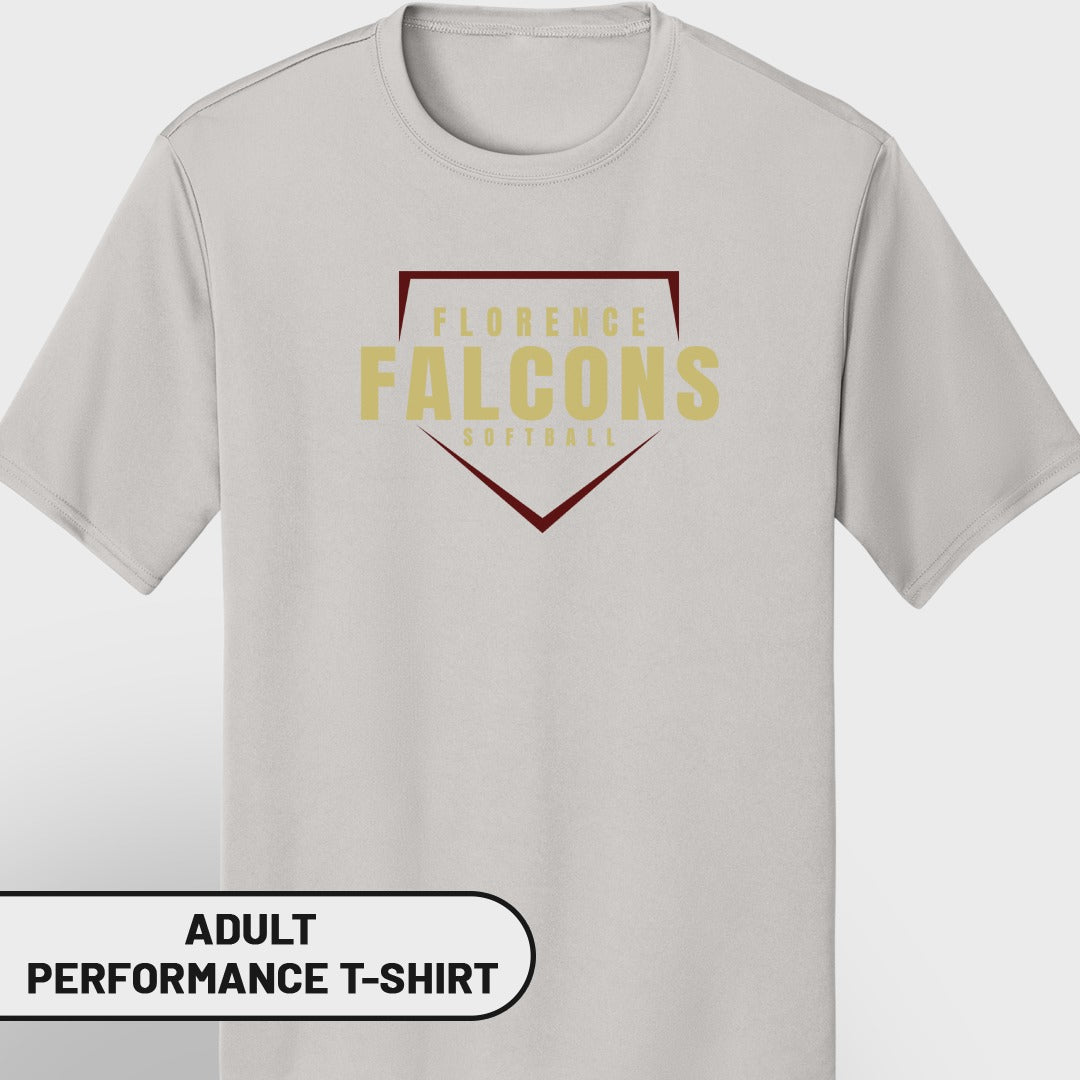 Light gray adult performance t-shirt with Florence Falcons softball logo.