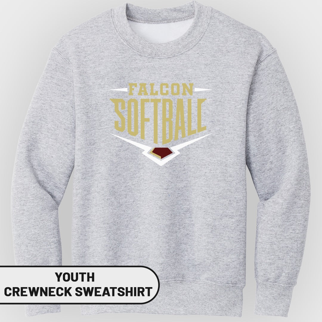 Light gray youth crewneck sweatshirt with "Falcon Softball" graphic.