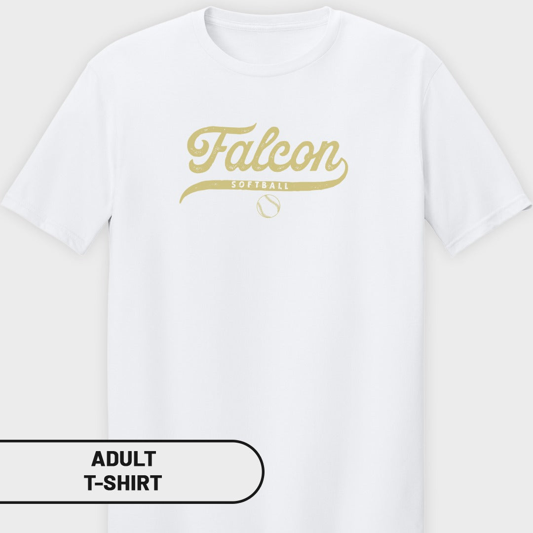 White adult t-shirt with gold "Falcon Softball" text and a softball graphic.