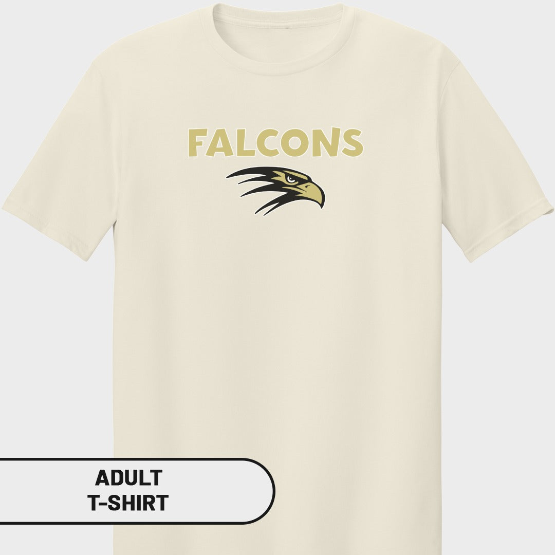 Cream t-shirt with "FALCONS" text and a hawk logo.