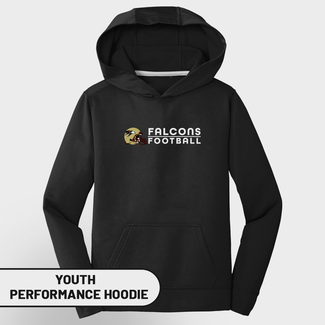 Black youth performance hoodie with Falcons Football logo and helmet graphic.