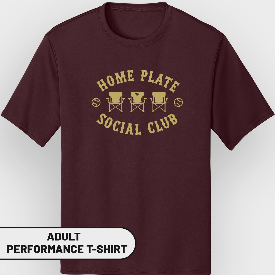 Maroon adult performance t-shirt with "Home Plate Social Club" gold graphic.