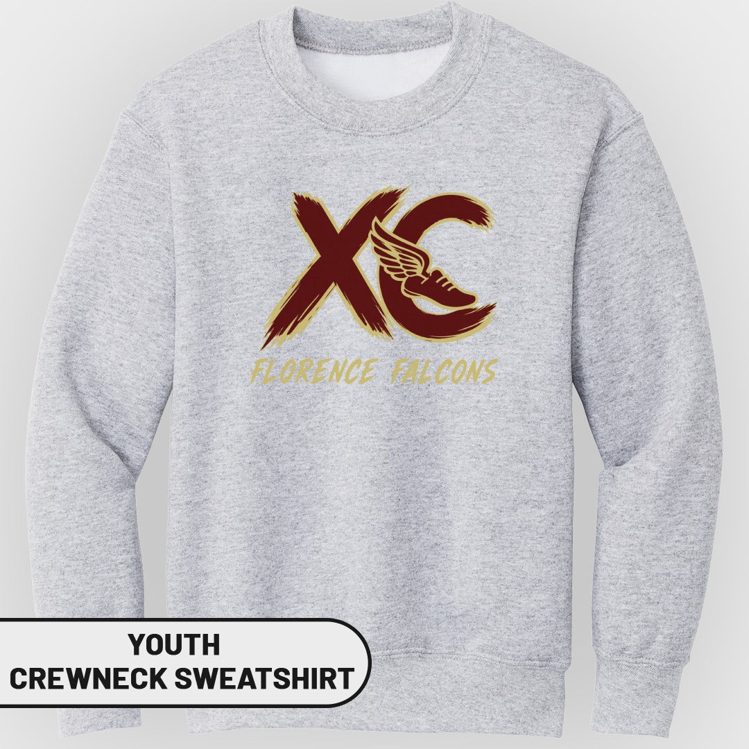 Youth crewneck sweatshirt with maroon and gold "XC" and "FLORENCE FALCONS" text.