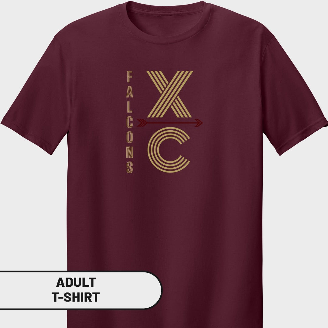 Maroon adult t-shirt with "FALCONS XC" text and design.