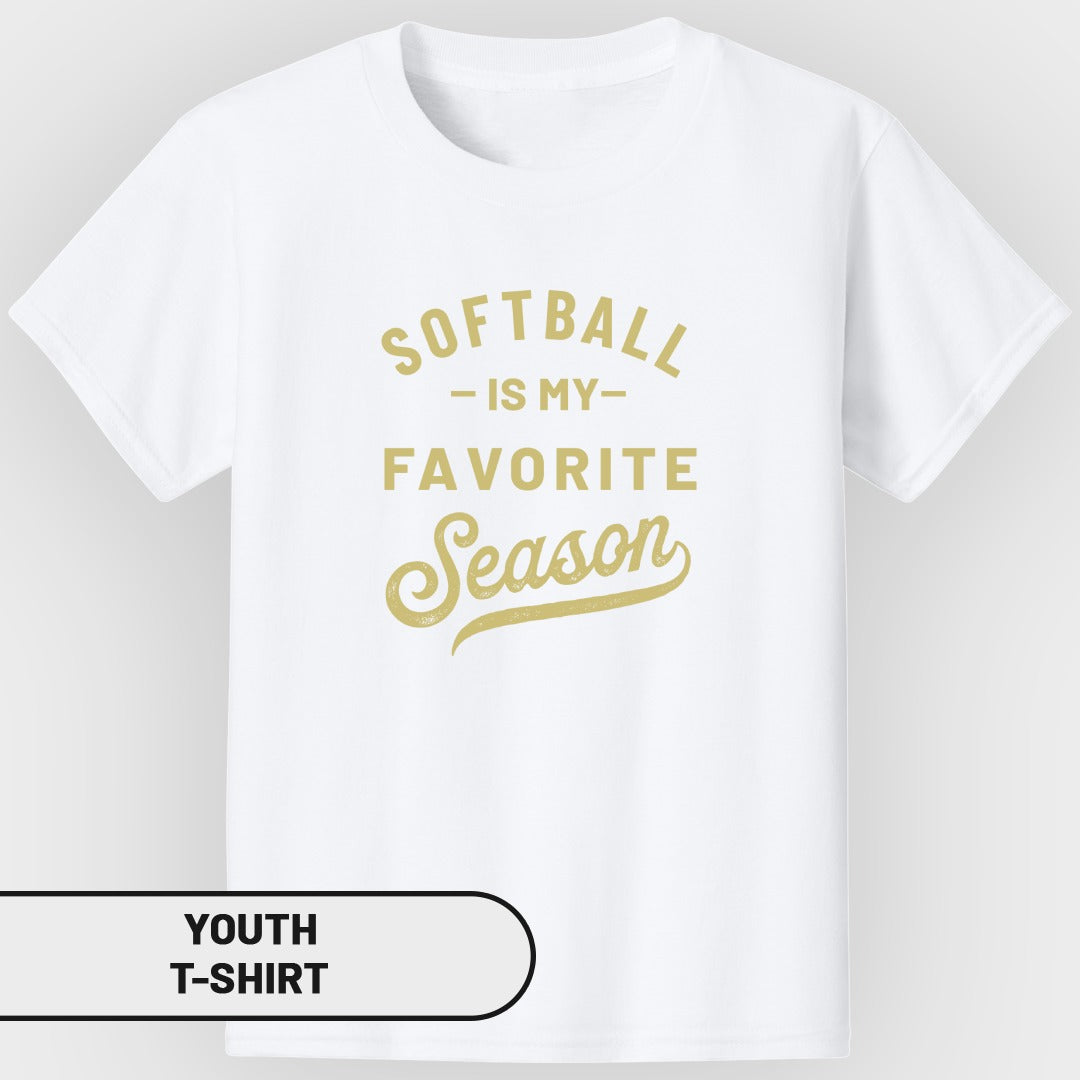 White youth t-shirt with "Softball is my favorite season" text.