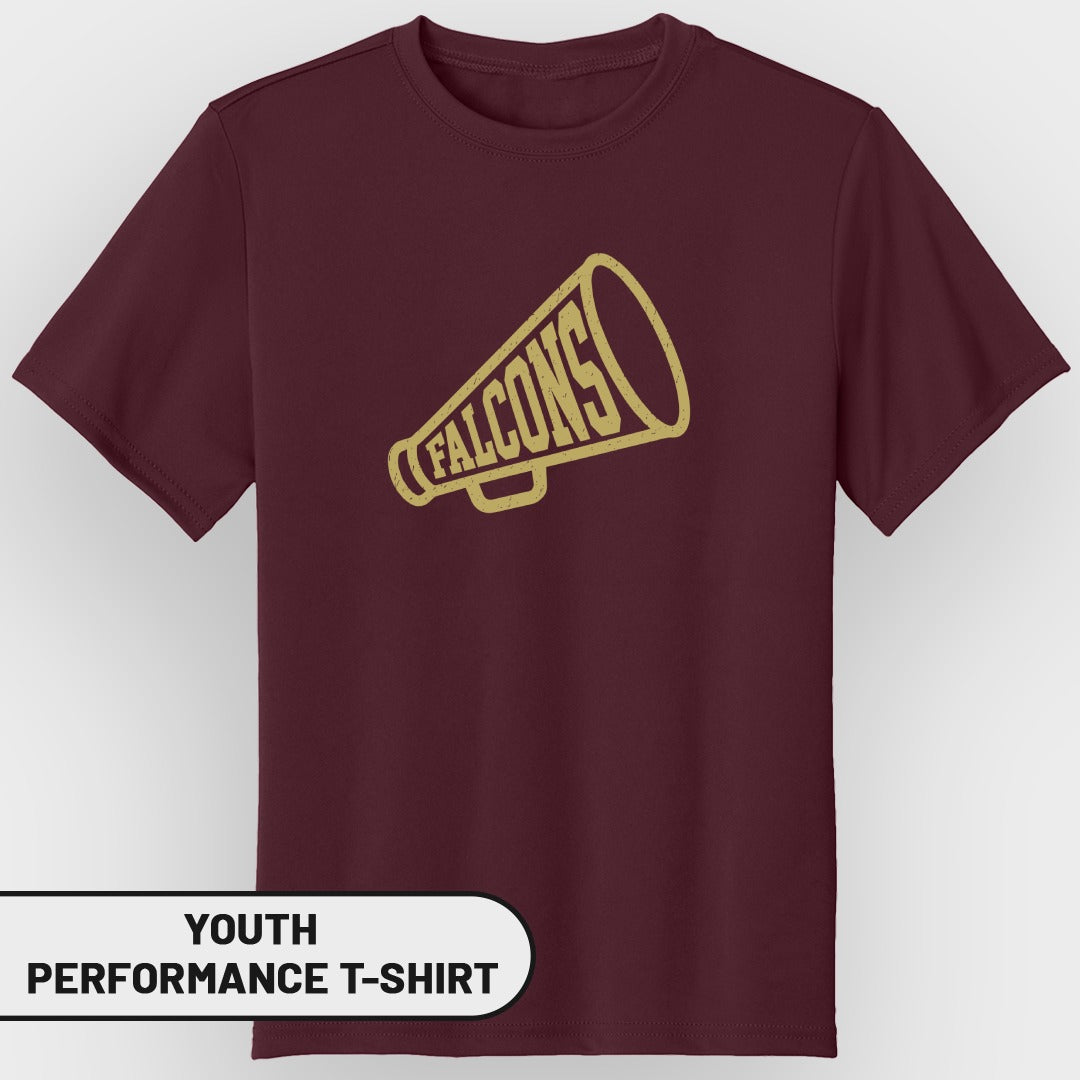 Maroon youth performance t-shirt with a distressed gold megaphone graphic saying FALCONS.
