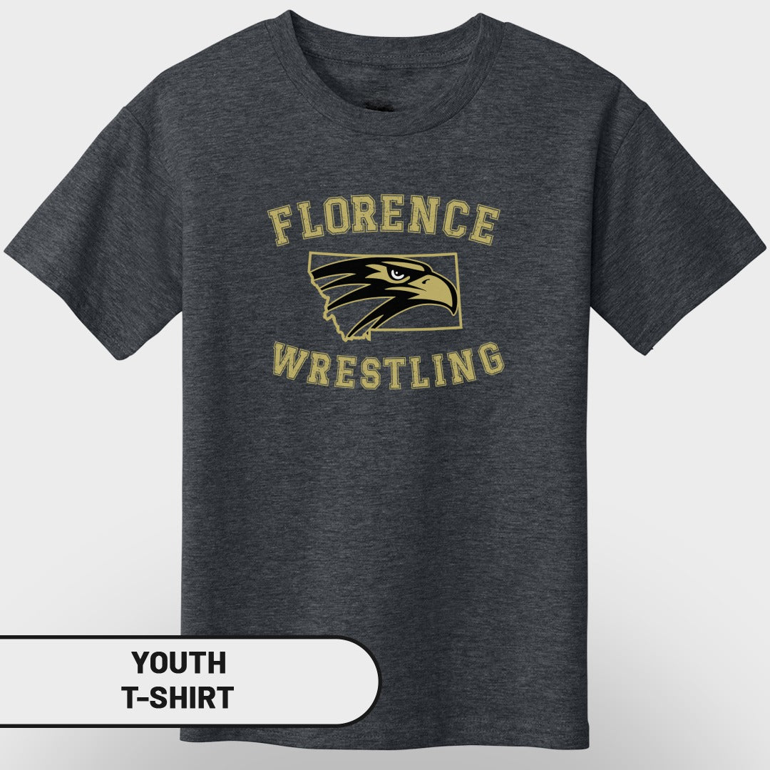 Dark gray youth t-shirt with "Florence Wrestling" and eagle graphic.