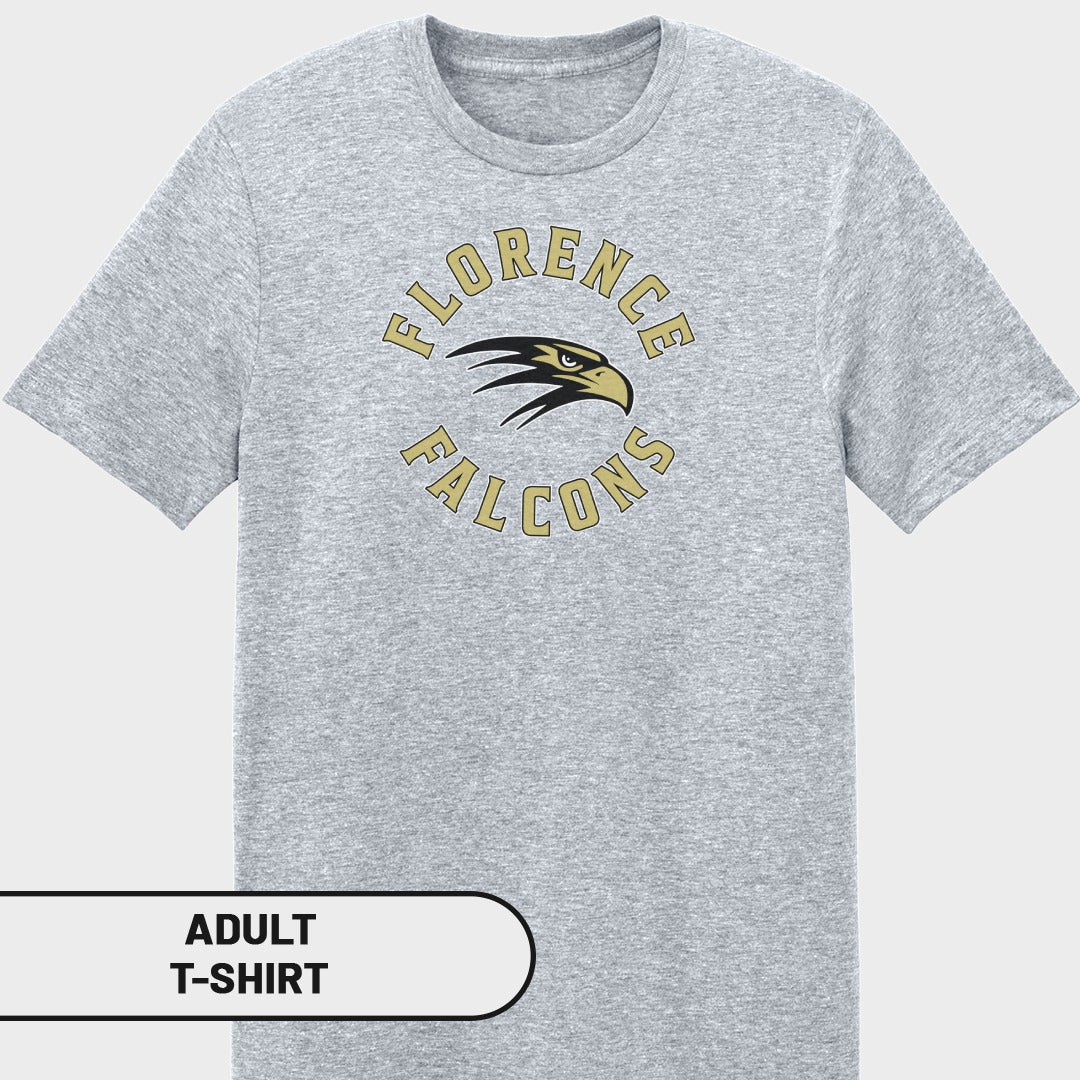 Grey adult t-shirt with "Florence Falcons" text and a falcon logo.