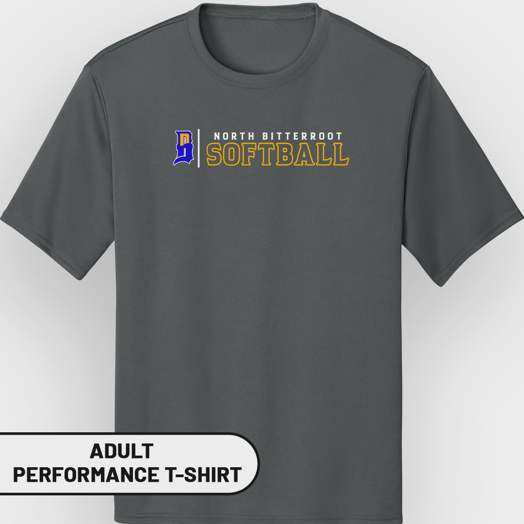Dark grey adult performance t-shirt with "North Bitterroot Softball" logo.