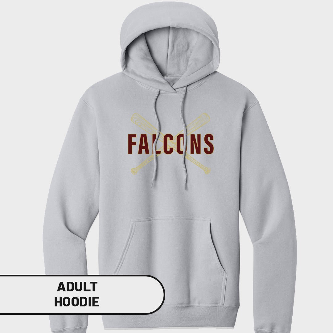 Light grey adult hoodie with crossed baseball bats and "FALCONS" text.
