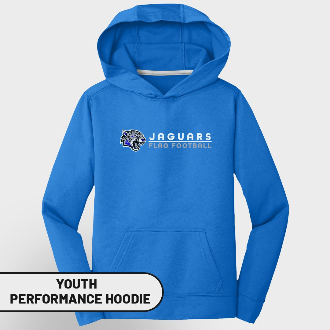 Blue youth performance hoodie with "Jaguars Flag Football" text and logo.