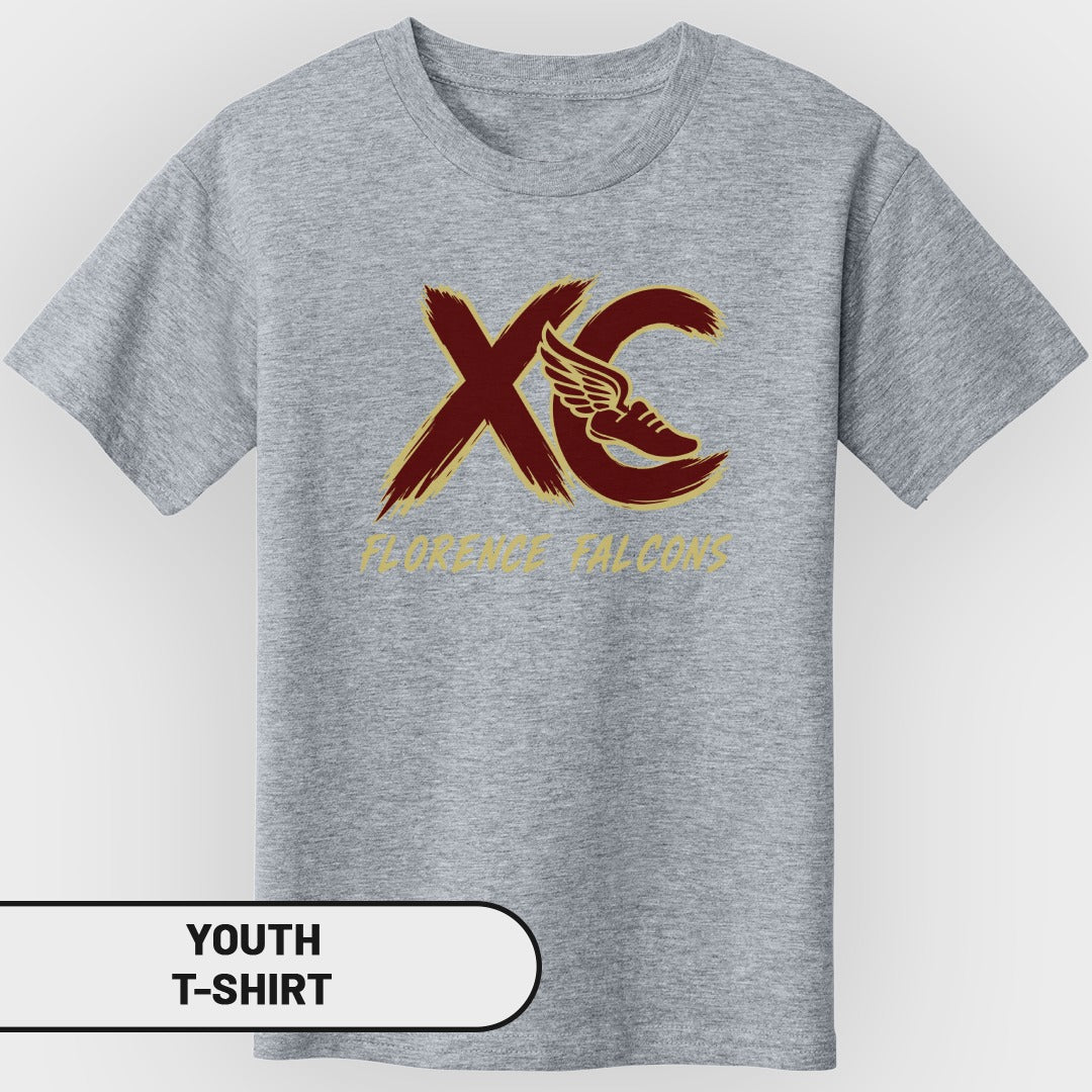 Grey youth t-shirt with maroon XC logo and gold Florence Falcons text.