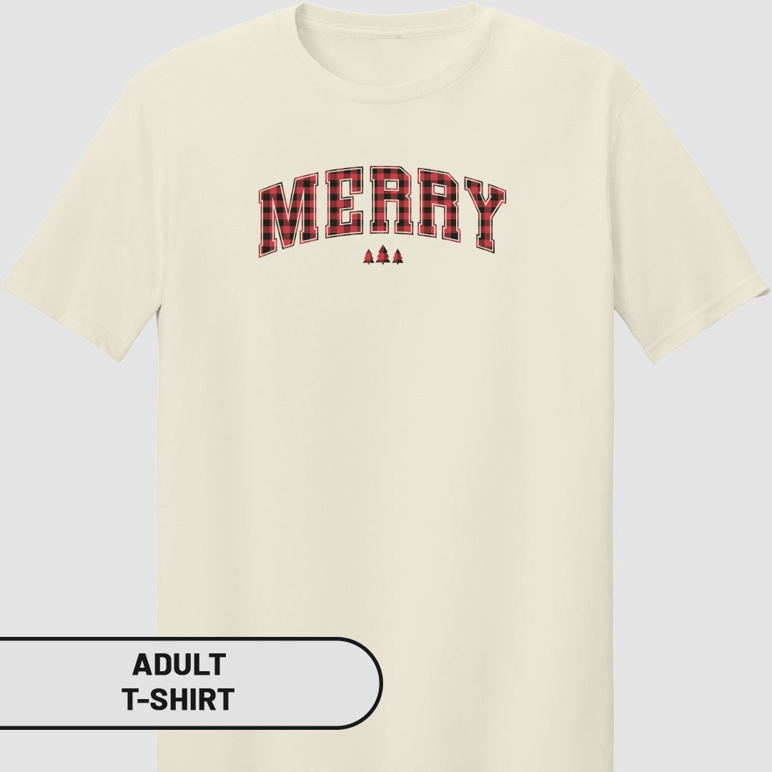 MERRY festive plaid print holiday t-shirt adult